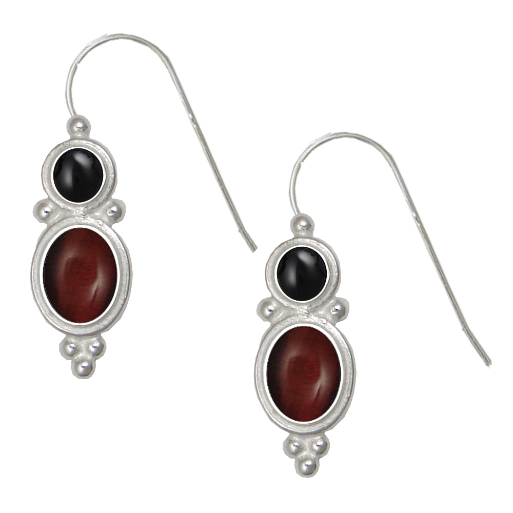 Sterling Silver Drop Dangle Earrings Red Tiger Eye And Black Onyx